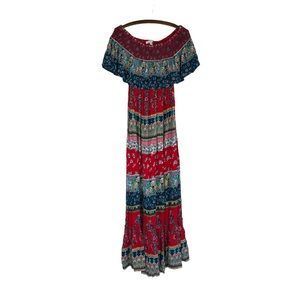 Patrons of Peace women’s off shoulder tiered maxi dress SZ XS